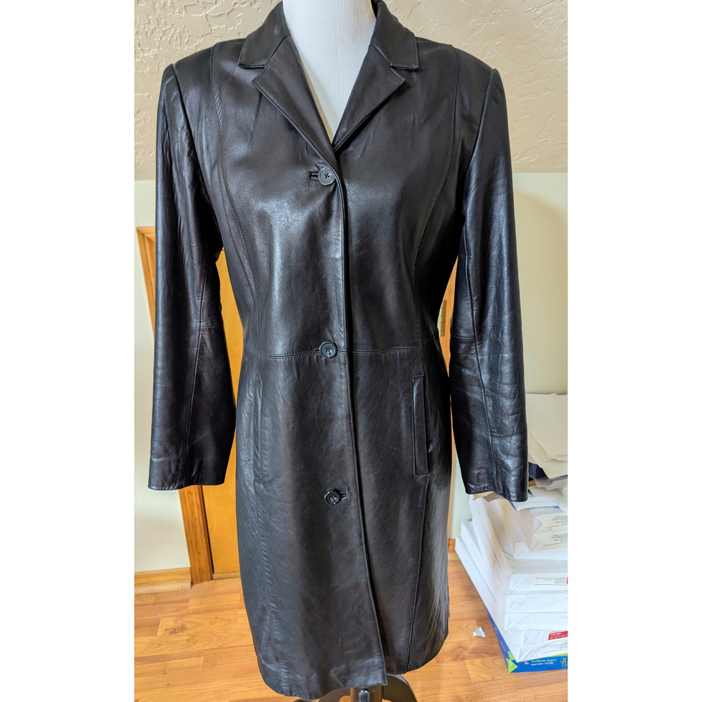 Vintage Y2K Alfani Black 100% Leather Coat | Women’s Medium | Tailored Button